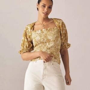 NWT! Anthropologie Seersucker Smocked Puff-Sleeve Crop Top Chartreuse Size 3X 🔎